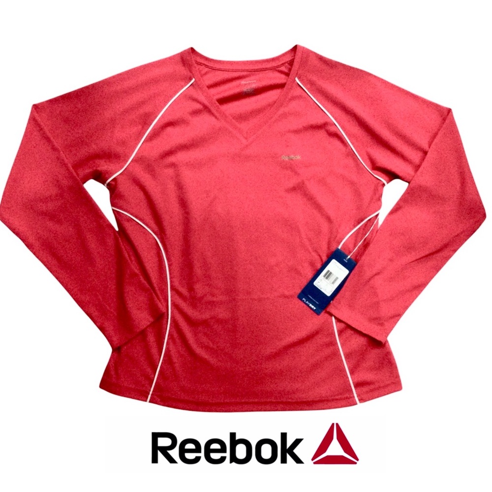 Reebok Play Dry Long Sleeve Performance Tee Shirt Pink w/ White Piping Sz L NWT